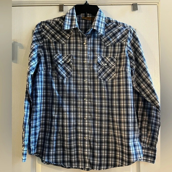 Men’s Wrangler Long Sleeve Blue Plaid Snap Button Western Rodeo shirt. Size L - Picture 1 of 7